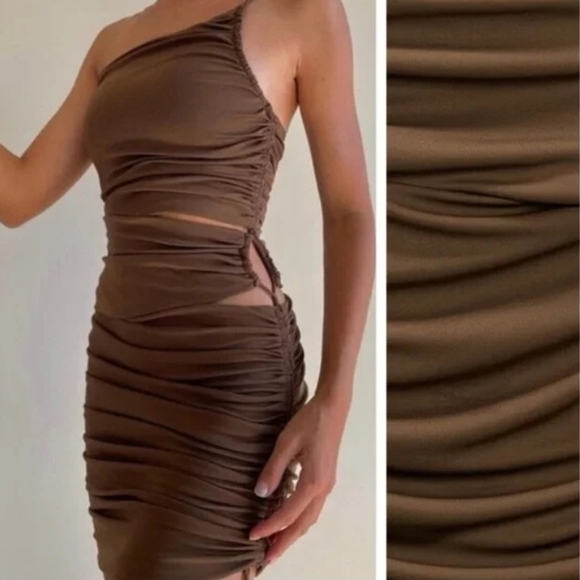 Zara Ruched One Shoulder Chocolate Dress - Picture 1 of 7